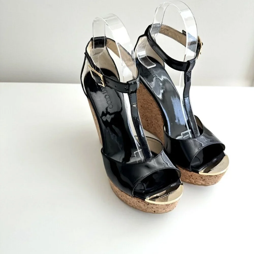JIMMY CHOO Black Patent Leather T-Strap Platform Cork Wedge Sandals Size 38